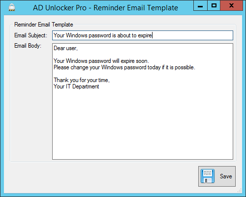 Reminder Email Template Window Screenshot